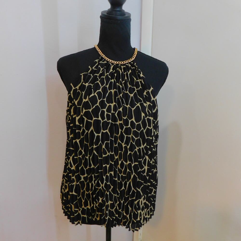 Michael Kors Women's Black Beige Giraffe Pleated Chain Top Blouse Size P/S New - Picture 1 of 7
